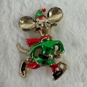 Vintage Signed BJ cute figural skating christmas mouse Red Green enamel Brooch